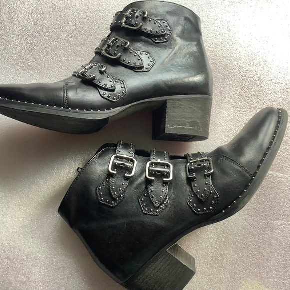 Paul Green Boots Soho Moto Silver Studded Black Leather Buckle Size 7 - Picture 5 of 7